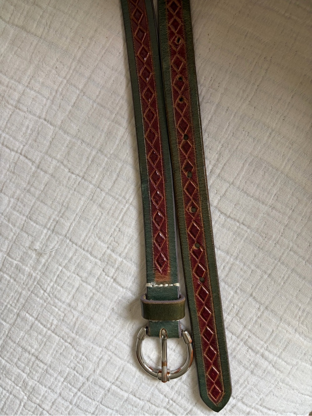 Vintage Genuine Leather Belt Green Burgundy Tooled Ring Buckle Sz 36 - Picture 5 of 8